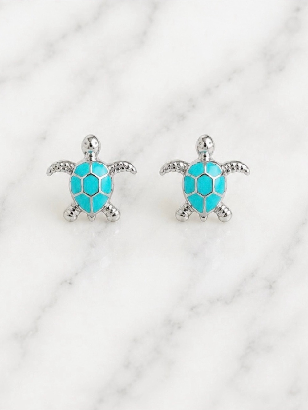 Turquoise Turtle Stud Earrings - Silver Tone Hardware